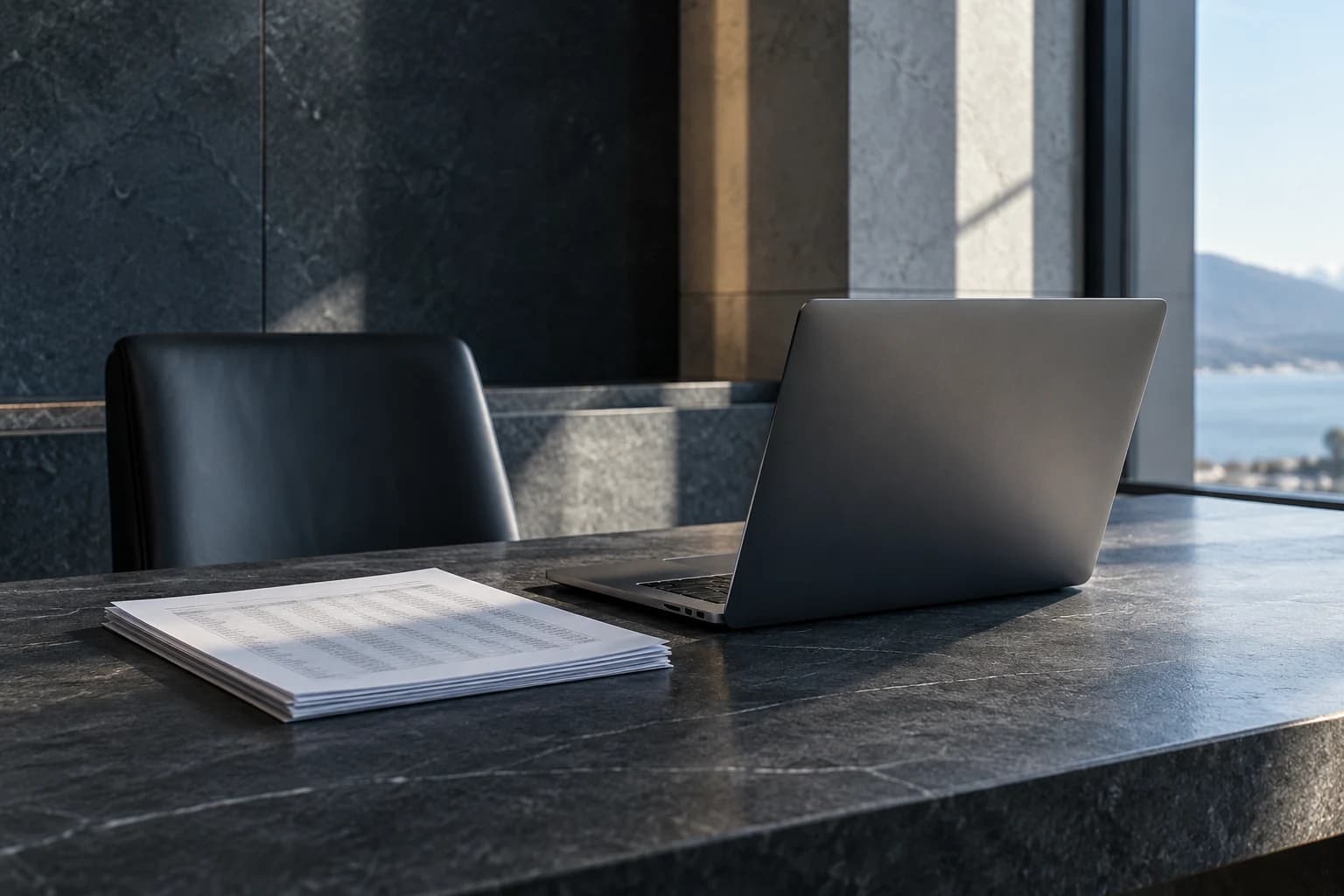 A considered bookkeeping workspace with a slim laptop and organised records